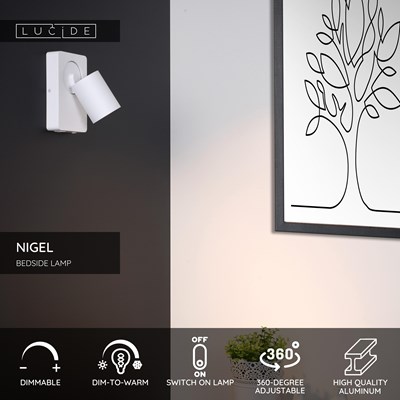 Lucide NIGEL - Bedside lamp / Wall light - LED Dim to warm - GU10 - 1x5W 2200K/3000K - With USB charging point - White